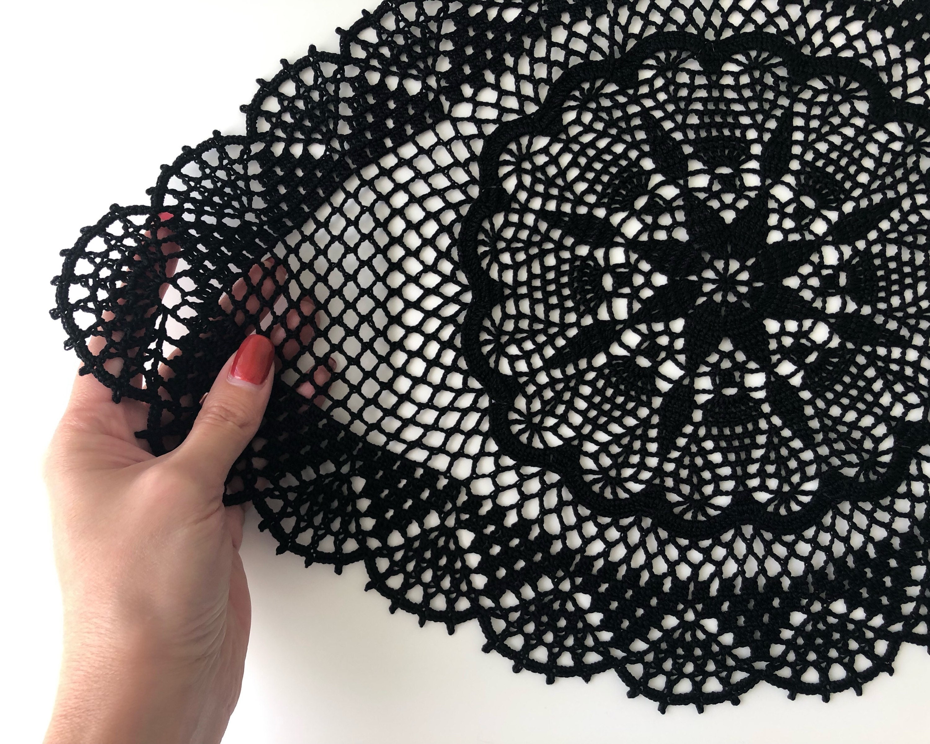 Crochet dresser doily Oval table centerpiece Black cotton Etsy