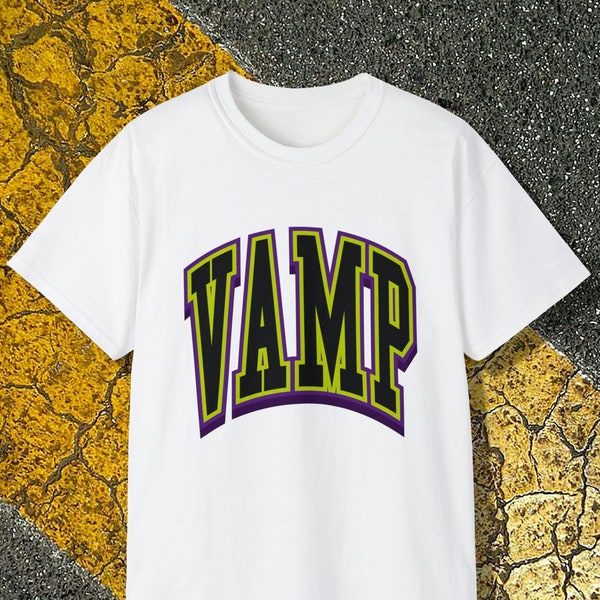 Vamp Unisex Halloween Tshirt Mens Womens Dracula Varsity T-shirt Trick Treat Tee Vampire Costume T Shirt Horror Party Top Gothic Witch Tee