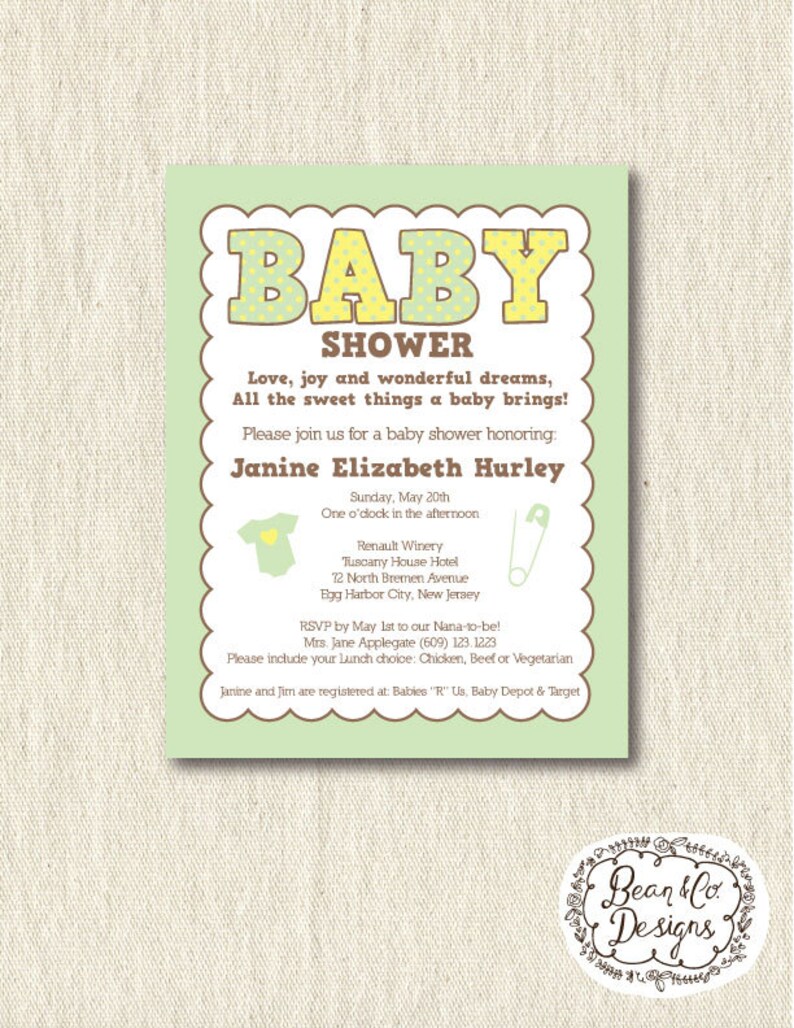 Gender Neutral Baby Shower Invitation, Printable, Digital, Green and