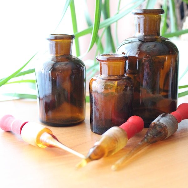 Witchy Apothecary potion bottles, Pharmacy bottles Vintage amber glass dropper with ground stopper