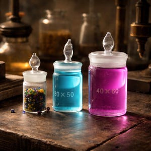 May include: Three glass apothecary jars with clear glass stoppers. The jars contain colorful beads, blue liquid with the text "30 x 50", and purple liquid with the text "40 x 60". The jars are on a wooden surface.