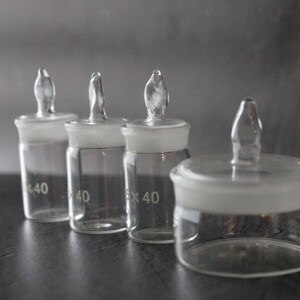 May include: Four clear glass bottles with frosted glass lids and glass stoppers. The bottles are labelled with the number 40.