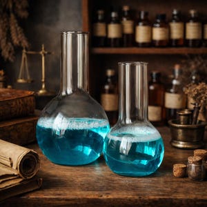 Frascos de laboratório vintage com fundo redondo: decoração de boticário em vidro transparente, conjunto de 2