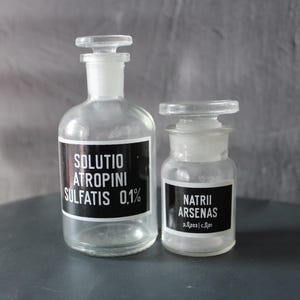 Vintage apothecary bottles Clear glass medicine jars with labels Antique pharmacy Miniature poison bottles Victorian style Steam punk gift
