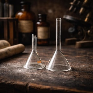 Vintage glazen trechterset | Antieke laboratoriumtrechters | Retro scheikundedecor | Apothekerglaswerk