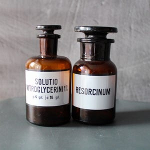 Vintage apothecary bottles Amber glass medicine jars with labels Steam punk gift Antique pharmacy small poison bottles Victorian style gift