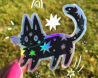 Cosmic Cat Rainbow Holographic Sticker - Cute Vinyl Sticker - Laptop Sticker - Tearproof Sticker - Notebook Sticker - Laptop Decal