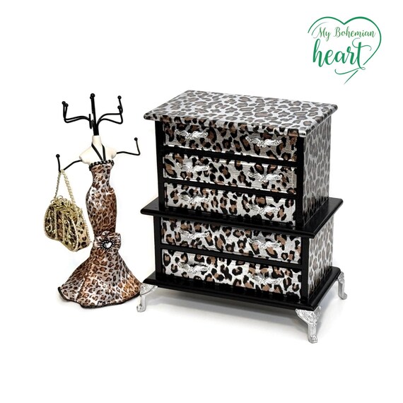 Leopard Design Musical Jewelry Box, Black base, Animal Print Design Foil, Unique Rare Christmas Gift for Wife, Girlfriend, One of a kind