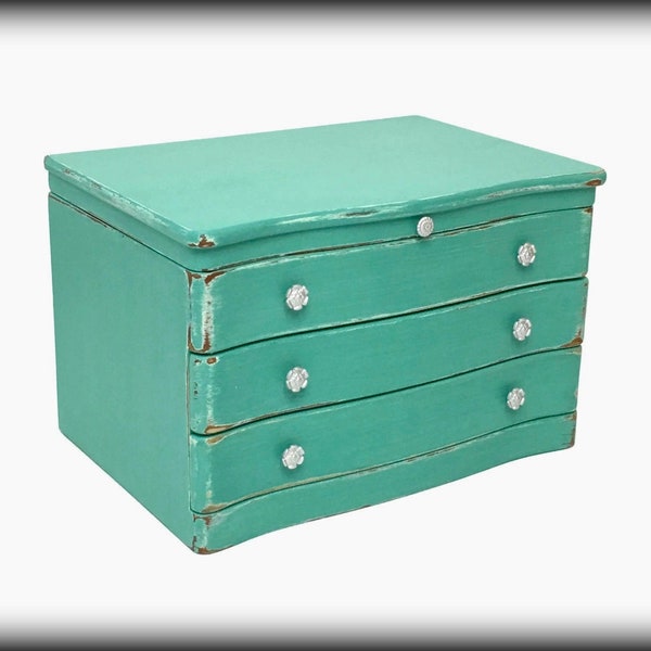Large Aqua Jewelry Box, Girls Hand Painted Vintage Jewelry Organizer,  Upcycled Cottage Chic, Shabby Decor, Gift for Wife, Daughter OOAK