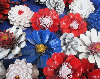 Pine Cone Flower, Red White Blue, Tablescape Design, Rustic Pinecone Centerpiece, Nautical Cottage Lodge Decor, Summer Floral Design Display
