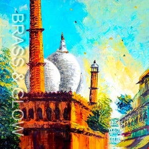 May include: An impressionistic painting of a grand building with a white dome and tall, slender towers. The artwork features warm orange and brown tones, with a bright blue sky and the text "BRASS & GLOW" on the left side.