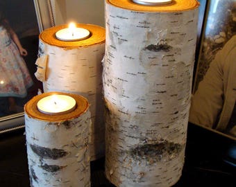 Real Birch Log Candle Holders Set Of 3. Felt Covered Bottoms to protect furniture, Includes Six Tealight Candles (3 reg and 3 long burning)