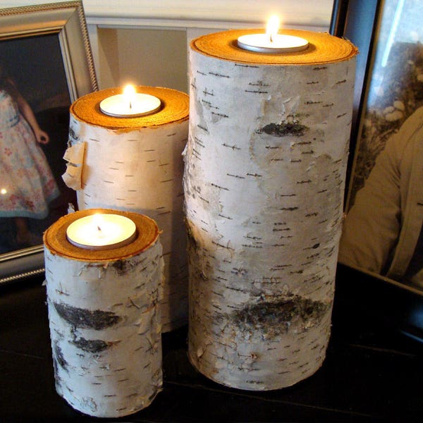 Real Birch Log Candle Holders Set Of 3. Felt Covered Bottoms to protect furniture, Includes Six Tealight Candles (3 reg and 3 long burning)