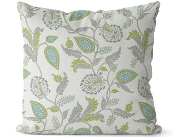 Chartreuse Green Botanical Pillow Cover // Green Throw Pillow Cover // Green and Aqua Spa Blue // Botanical Floral Vine // 125