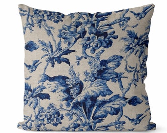 French Country Pillow Cover // Blue Toile Pillow Cover // Floral Throw Pillow Cover // Blue Pillow Cover // Blue and Beige // 264