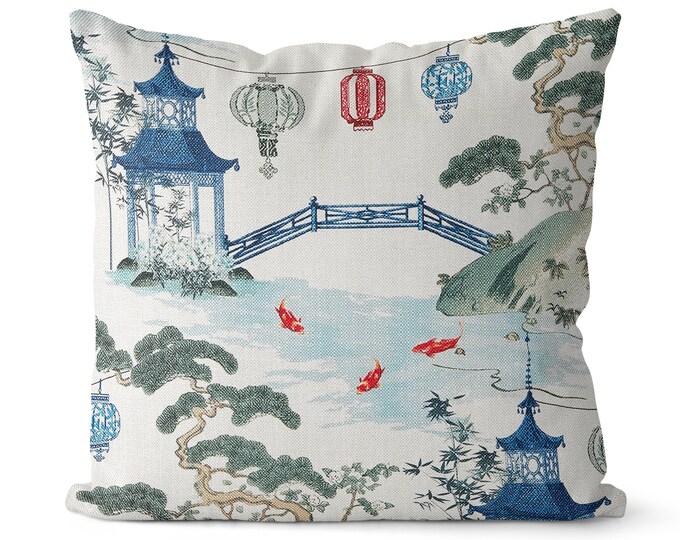 Blue and Red Chinoiseries Pillow Cover // Asian Scenic Pillow Cover