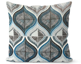 Designer Geometric Blue Pillow Covers + Blue Patterned Pillow Covers + Modern Blue Pillow Covers + Dark Blue Couch Pillow Covers