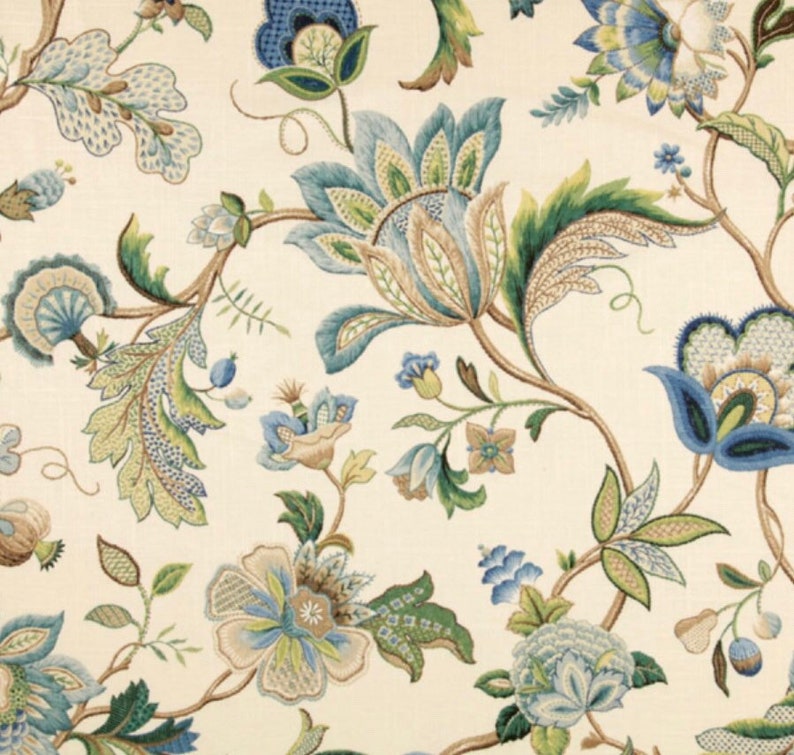 Blue Green Floral Upholstery Fabric By The Yard // Drapery Etsy