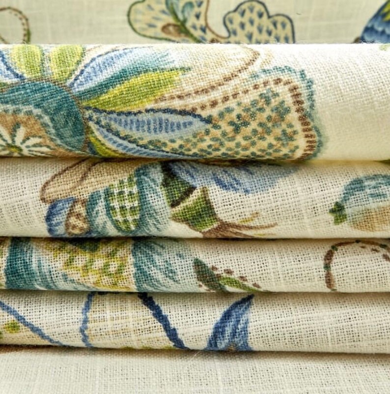 Blue Green Floral Upholstery Fabric By The Yard // Drapery Etsy