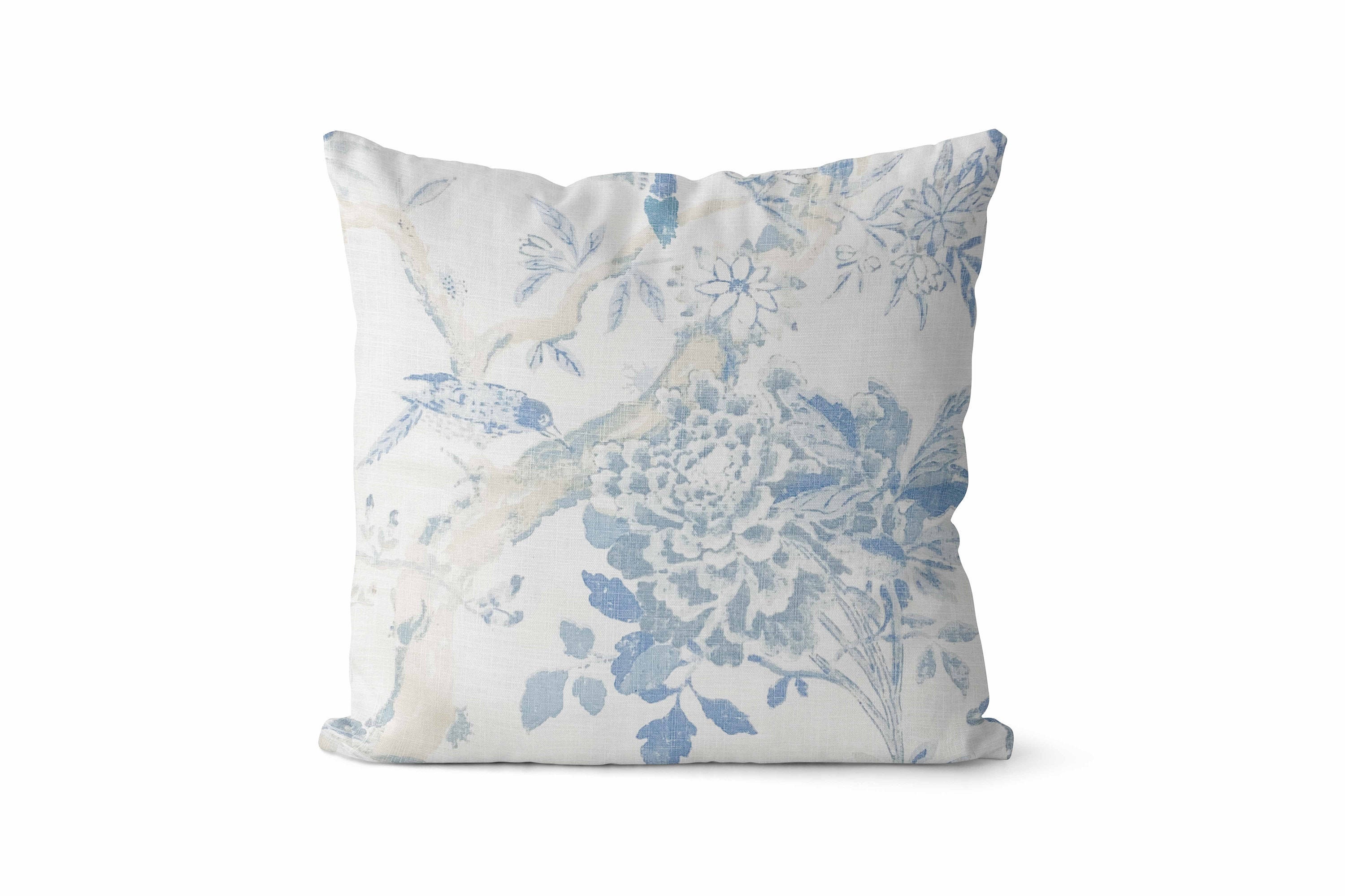 Decorative Pillows, Linen Throw Pillow, White Pink Blue Bird