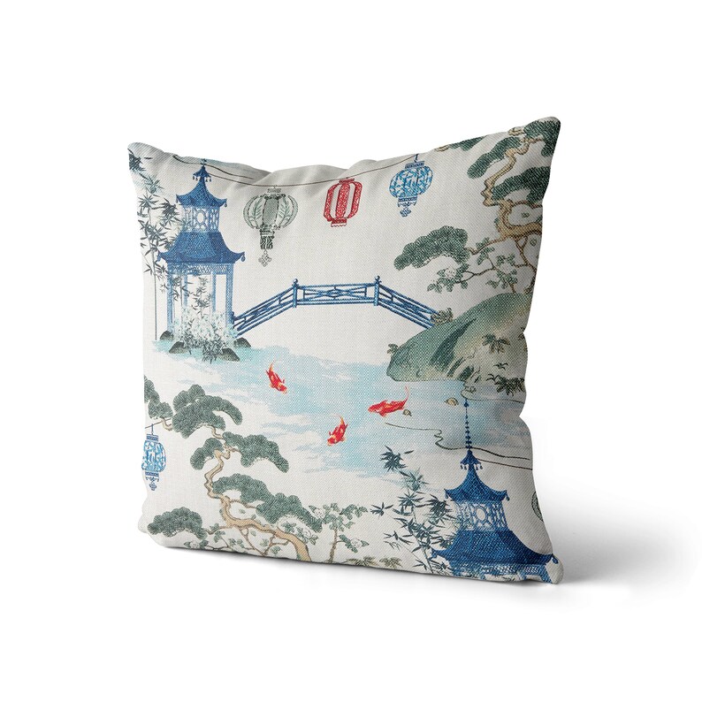 Blue and Red Chinoiseries Pillow Cover // Asian Scenic Pillow Etsy