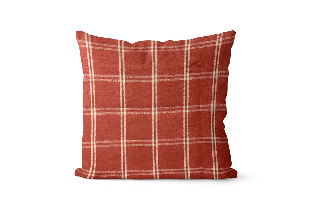 Red and Beige Plaid Pillow Cover // Rust Pillow Cover // Farmhouse
