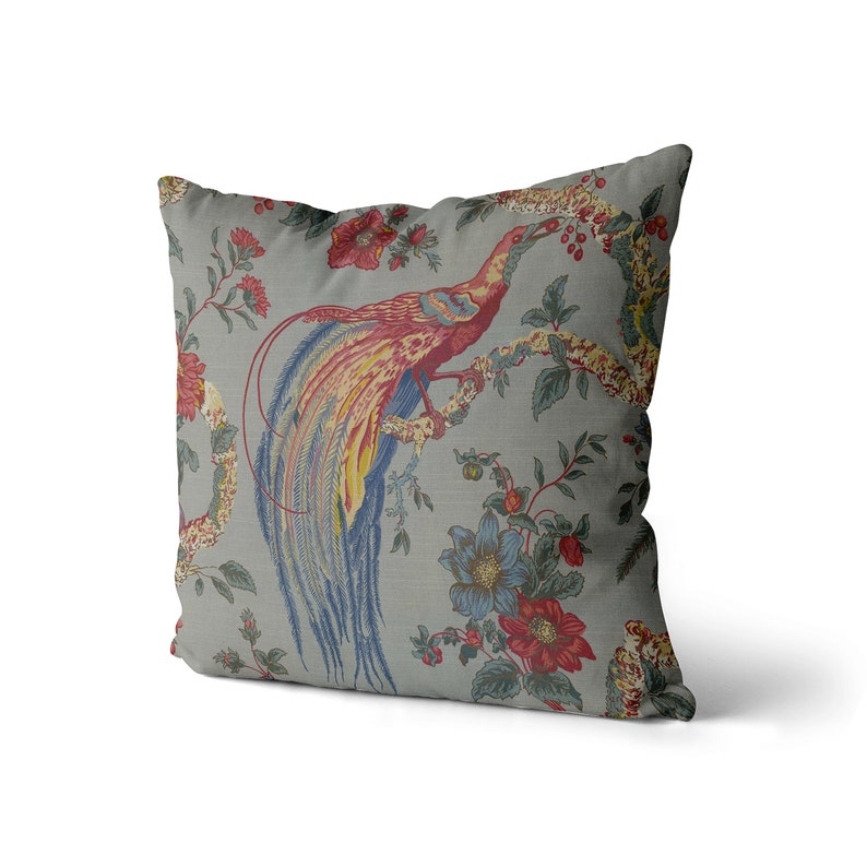 Dark Gray Floral Bird Throw Pillow Cover // Red and Blue Etsy