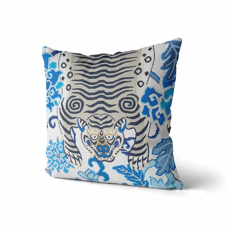 Blue Chinoiserie Pillow Cover // Tiger Print Pillow Cover // Etsy