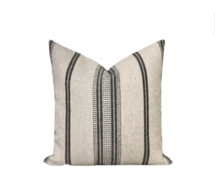 Black and Beige Throw Pillow Cover // Woven Striped Pillow Etsy