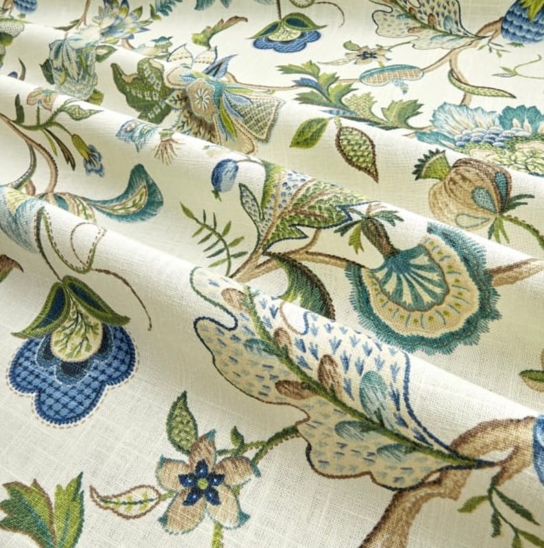 Blue Green Floral Upholstery Fabric By The Yard // Drapery Etsy