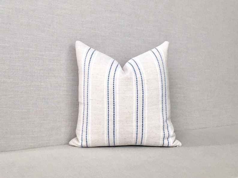 Cream and Blue Striped Pillow Cover // Blue and Beige // Woven Etsy