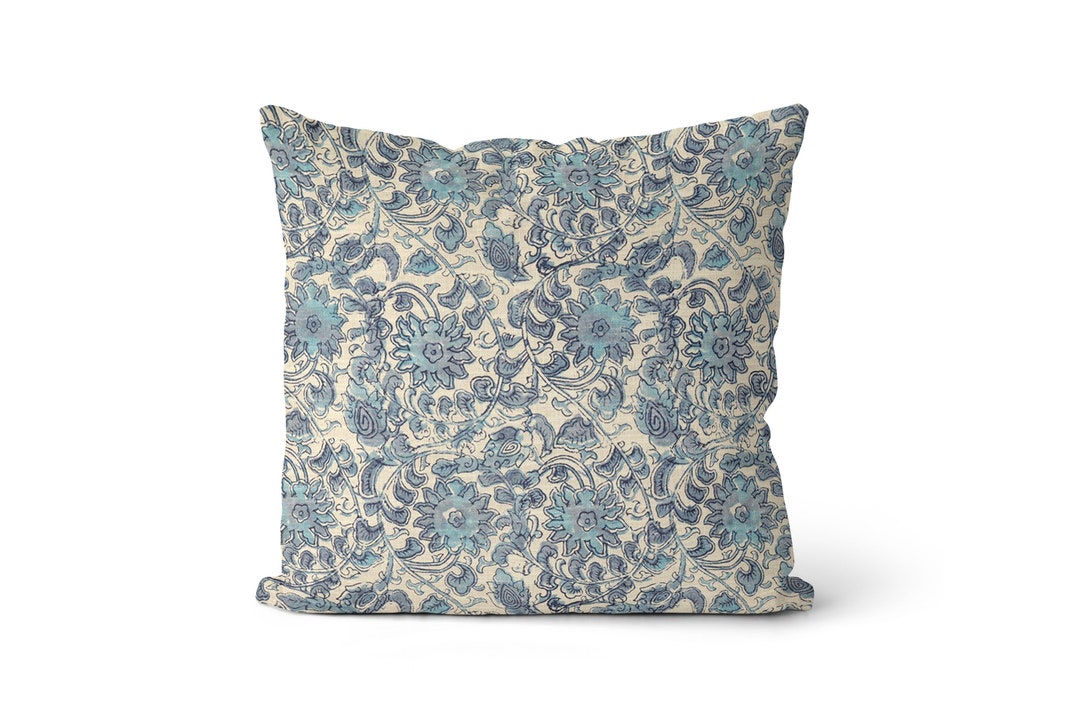 Blue Floral Block Print Pillow Cover Blue Block Print Pillow Cover Blue