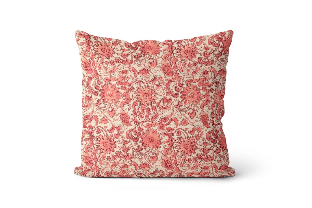 Red Floral Block Print Pillow Cover Berry Red Block Print Pillow Cover Pinkish Red Floral Pillow
