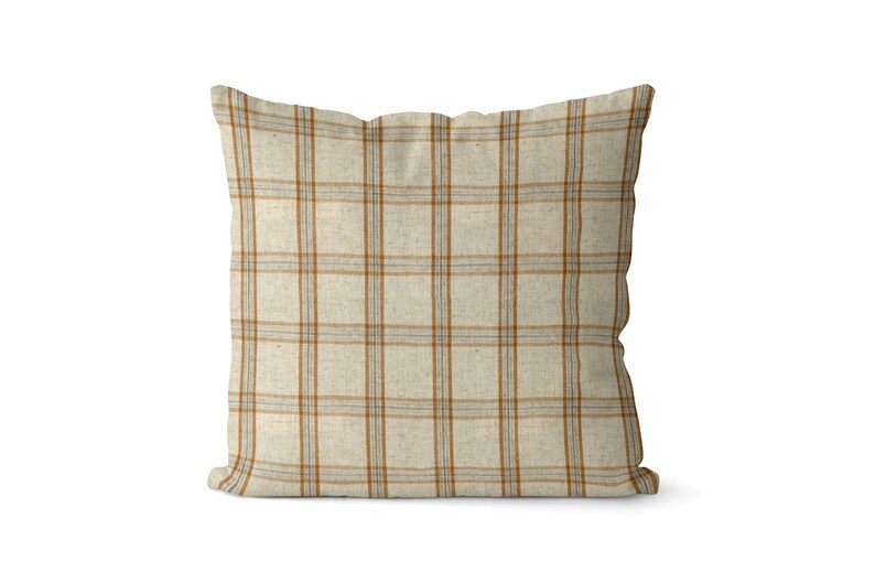 Beige and Orange Plaid Throw Pillow Cover // Natural and Burnt Etsy