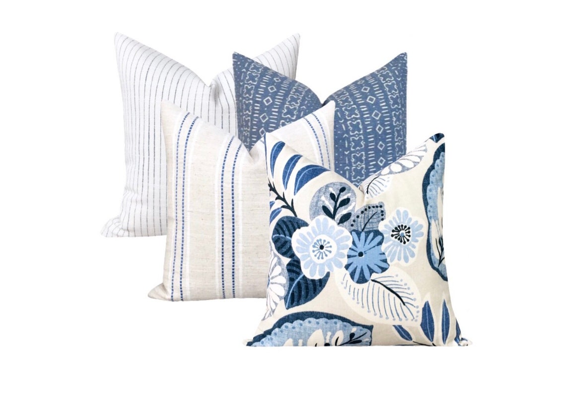 Blue Striped Pillow Cover // Blue and White // Minimal Decor Etsy