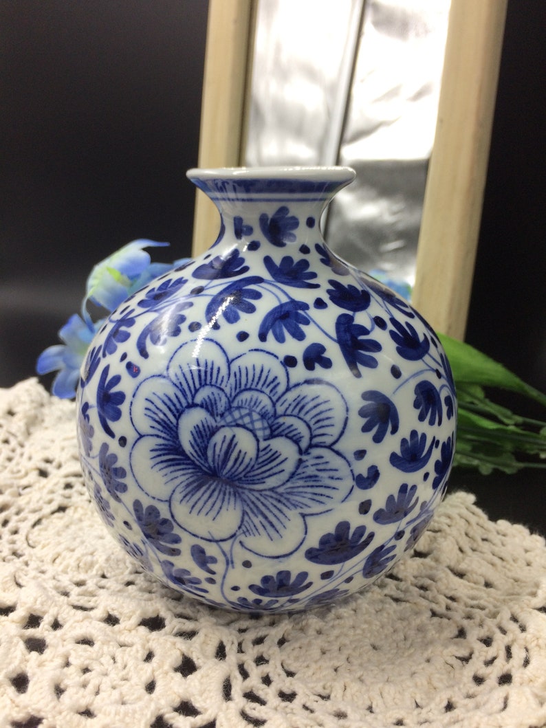 Blue and White Bud Vase 5" Asian Inspired Floral Porcelain Vintage Flower Vase blue and white bud vase 5 asian inspired