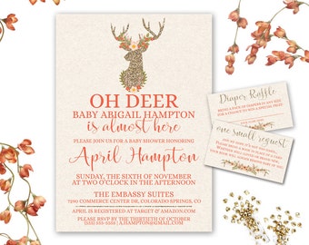 Girl Deer Baby Shower Invitation, Girl Baby Shower Invitations, Deer Diaper Raffle Ticket, Deer Book Request Card, Printable Invitation Set