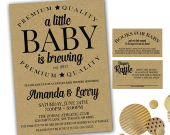 Baby brauen Babypartyeinladung Set, Paare Babyparty, Baby Q, Co-ed Babyparty, druckbare Einladungsset