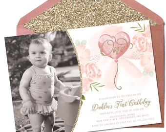 Faire-part premier anniversaire floral rose et or, Faire-part premier anniversaire fille, Faire-part premier anniversaire ballon, Faire-part numérique