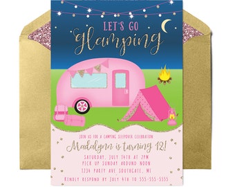 Glamping Birthday Invitation, Glamping Invitation, Girl Camping Invitation, Camping Birthday Invitation, Printable Invitation