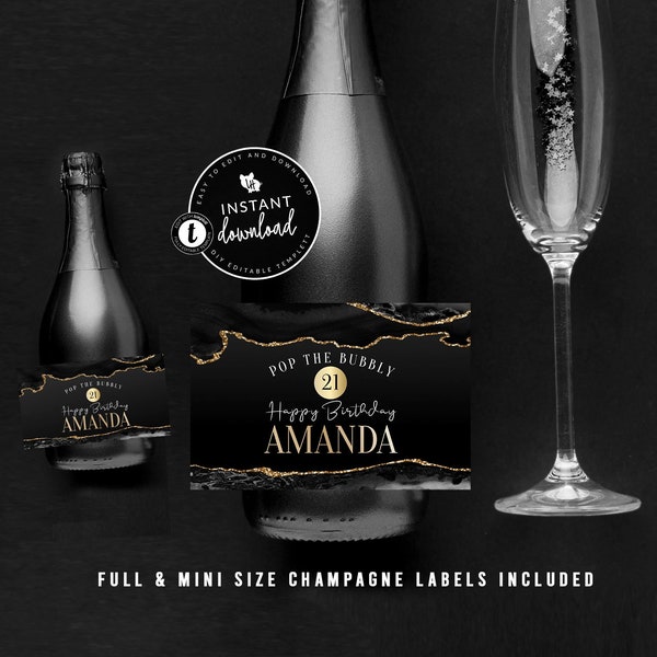 Black and Gold Agate Champagne Label, Champagne Label, Full Size Champagne Label, Mini Champagne Label, Golden, Instant Digital Templett