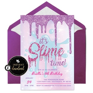 Invitación de cumpleaños con slime brillante, cumpleaños con slime, fiesta con slime brillante, invitación con slime para niña, invitación con slime brillante, invitación Templett
