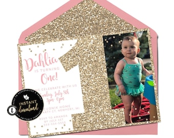 Pink and Gold First Birthday Photo Invitation, Gold Glitter Birthday Invitation, Confetti First Birthday, Printable Invitation, Digital