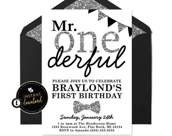 Mr Onederful Invitation, Silver Mr Onederful Birthday Theme, 1st Birthday Invitations, First Birthday Invitation, Templett Digital Invite