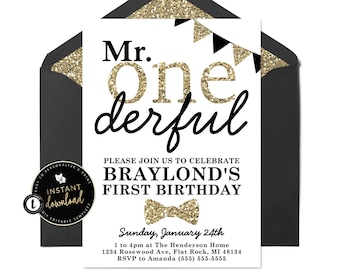 Mr Onederful Invitation, First Birthday Invitations, Mr Onederful Birthday Theme, Mr Onederful Black and Gold, Templett Birthday Invitation