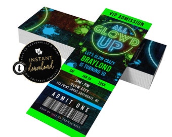 Glow Party Ticket Invitation, All Glow'd Up Ticket Invitation, Neon Glow Party Invite, Glow in the Dark Party, Instant Invitation Templett