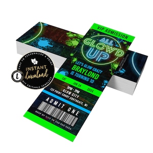 Glow Party Ticket Invitation, All Glow&#39;d Up Ticket Invitation, Neon Glow Party Invite, Glow in the Dark Party, Instant Invitation Templett