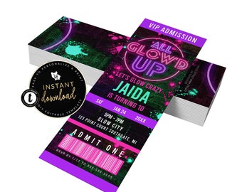 All Glow'd Up Glow Party Birthday Ticket Invitation, Glow In the Dark Ticket Invite, Neon Glow Party Invite, Instant Invitation Templett