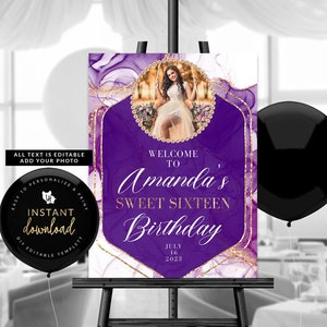 Purple Welcome Sign, Purple and Rose Gold Welcome Sign, Purple Birthday Sign, Purple Sign, Purple Party, Editable Templett Sign