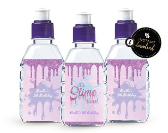 Etiquetas para botellas de agua y jugo con tapas pop para fiestas de slime con purpurina, etiquetas para mini botellas de agua de slime, imprimibles para fiestas de slime, descarga instantánea Templett